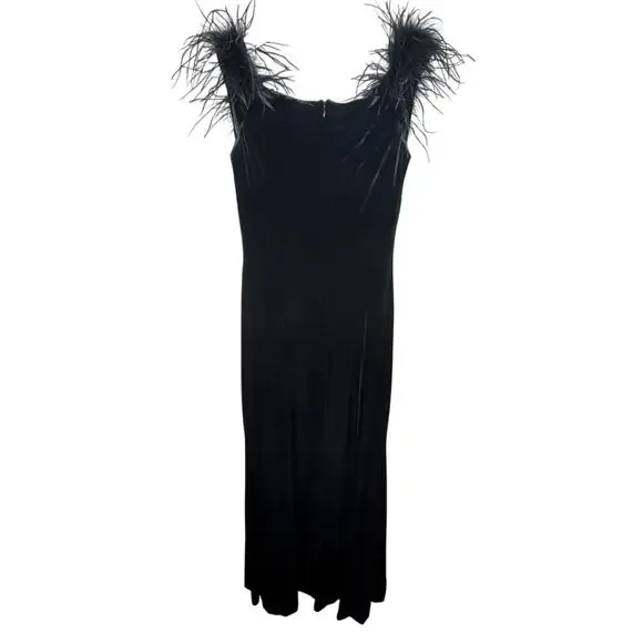 Eliza J. Velvet Feather Trim Cowl Neck Ruched Side Maxi Dress Black Women Size 6 - Picture 6 of 11